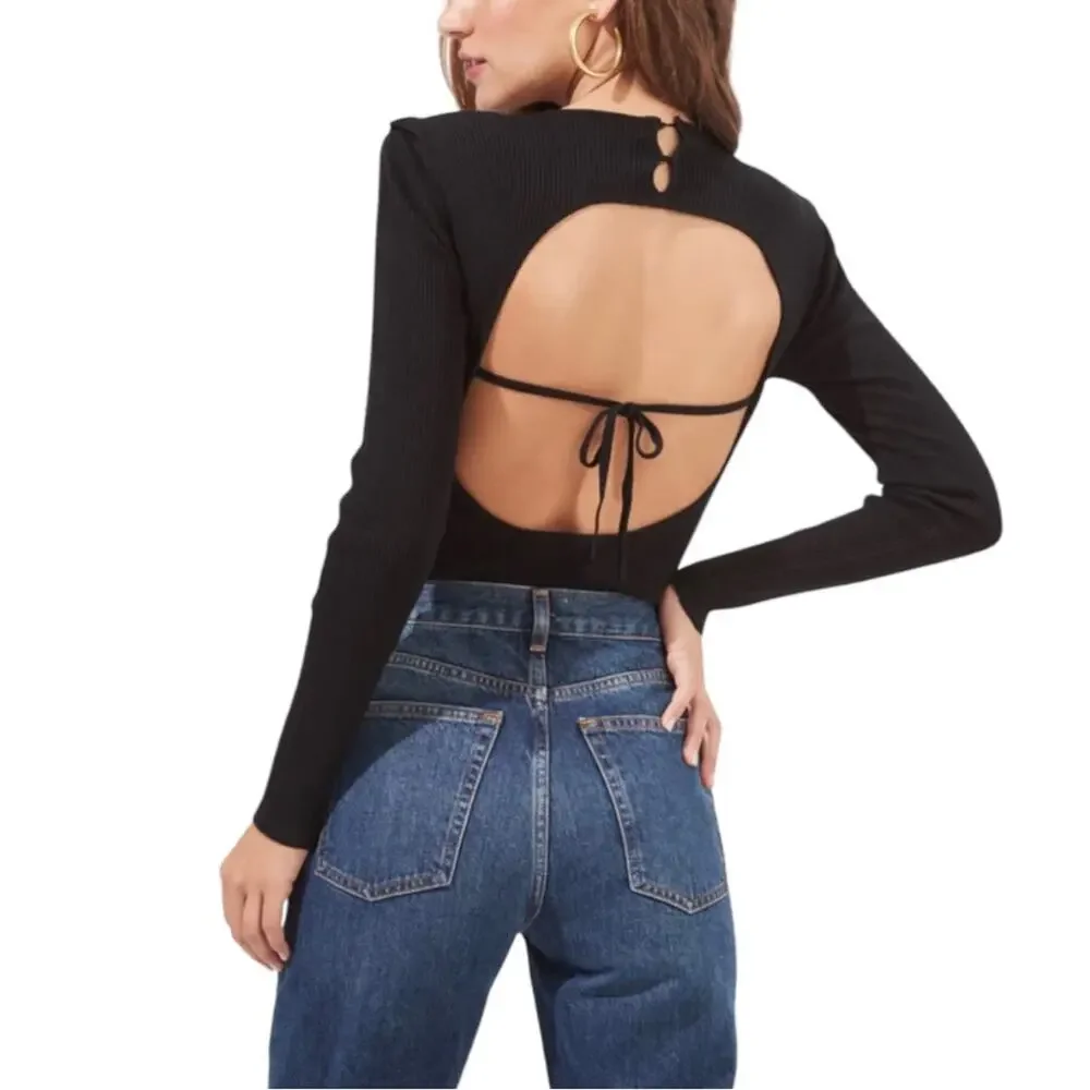 ASTR The Label Felice Long Sleeve Back Cut Out Sweater Black Bodysuit MEDIUM